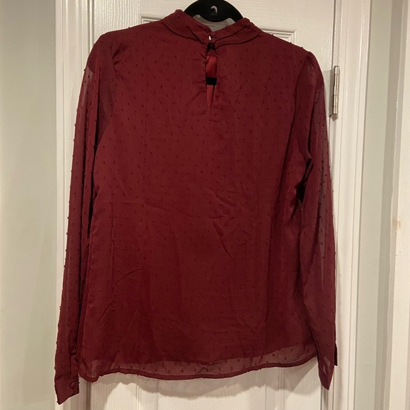 NWT Aconiya Size S Burgundy Swiss Dot Chiffon Lined High Neck Bow Lined Top - Picture 6 of 11